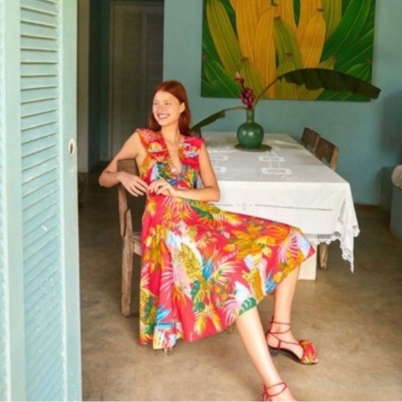 Farm Rio Tropical Print Ruffle Midi Dress - Picture 2 of 8